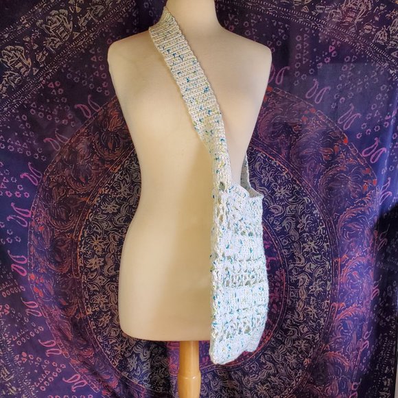 Bohemian Hues Handmade Crochet Cotton Market Bag White w/Multi Color Speckles - Picture 2 of 8